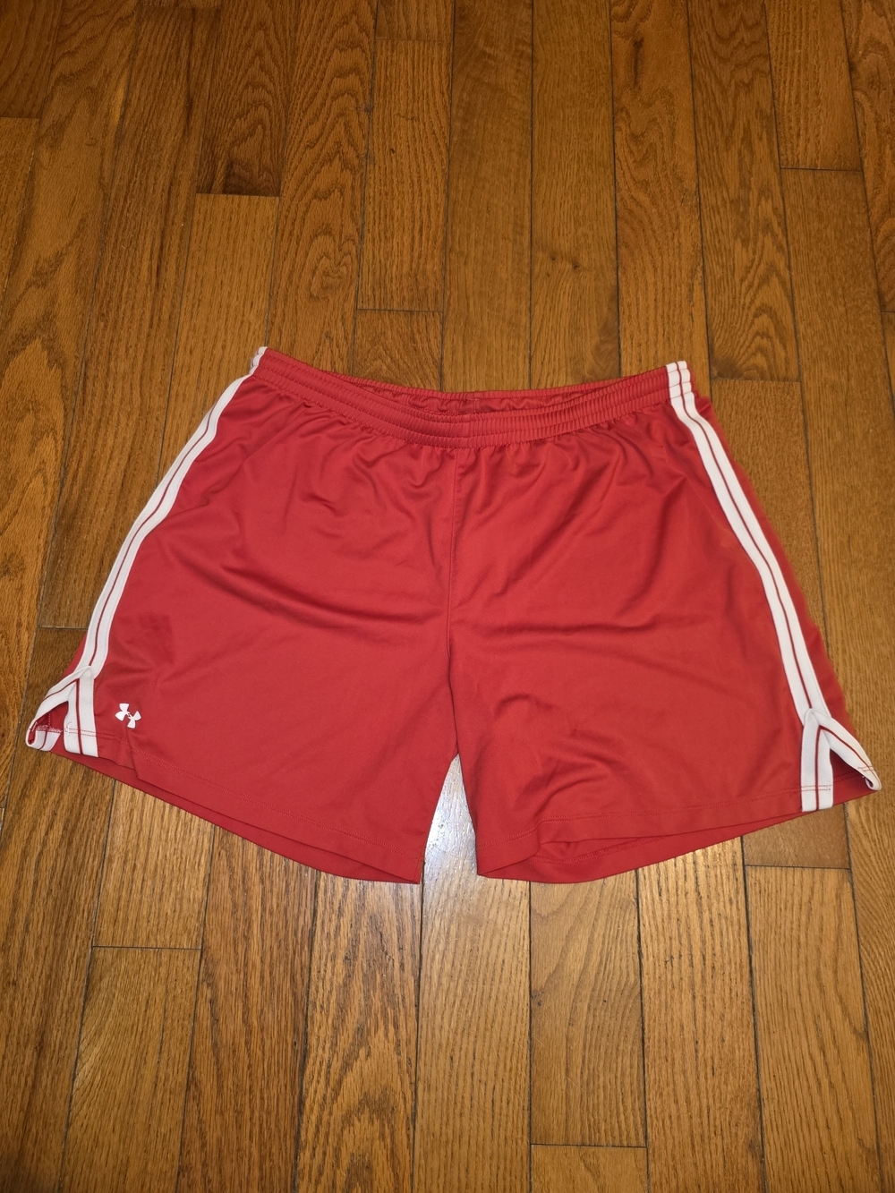 Under Armour Red Athletic Shorts with White Stripes